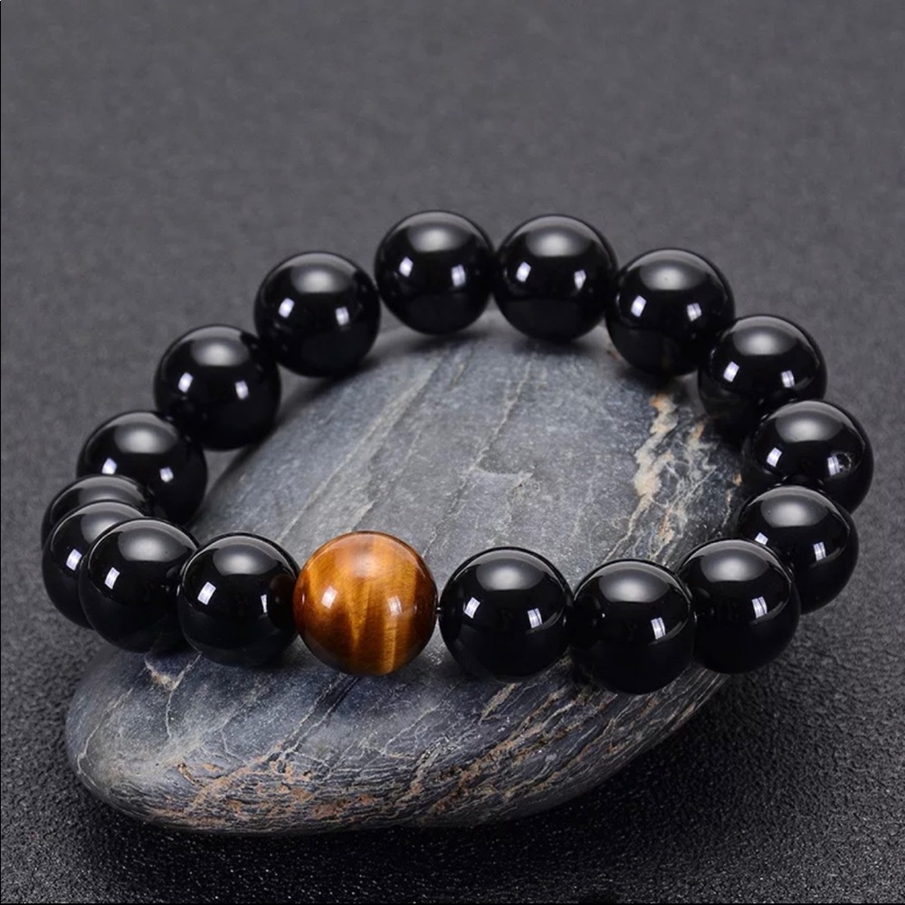Obsidian and Tiger eye Beaded Elastic Stretch Bracelet Healing Jewelry